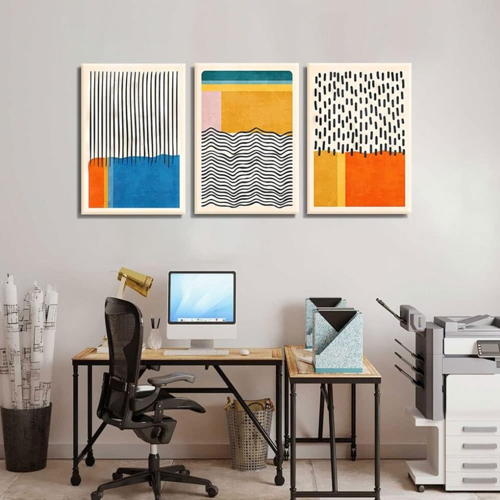 AKWISH Midcentury Modern Framed Wall Art for Living Room Set of 3 Mid Century Modern Abstract Canvas Painting Print Boho Color Blocks Home Decor Colorful Minimalist Pictures for Bedroom 12"x16"x3