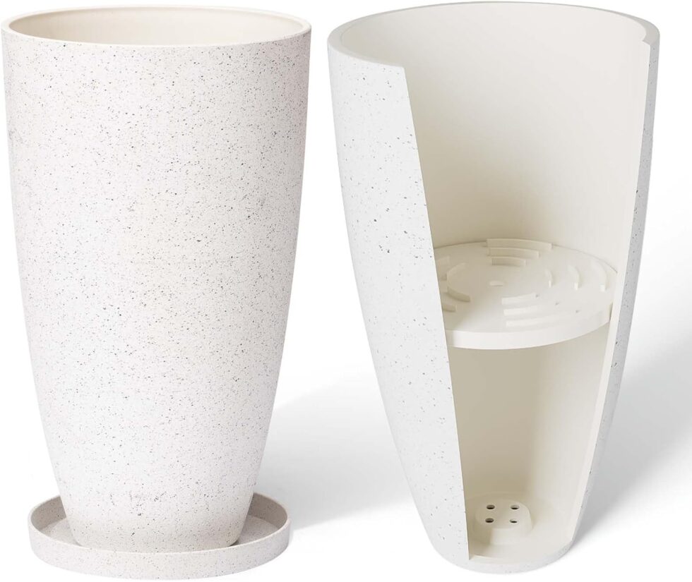 LA Jolie Muse 20 Inch Tall White Planters,Set of 2 Indoor/Outdoor Tall Planters with Shelf Insert and Trays,Modern Large Flower Pot for Front Front Door, Patio and Deck