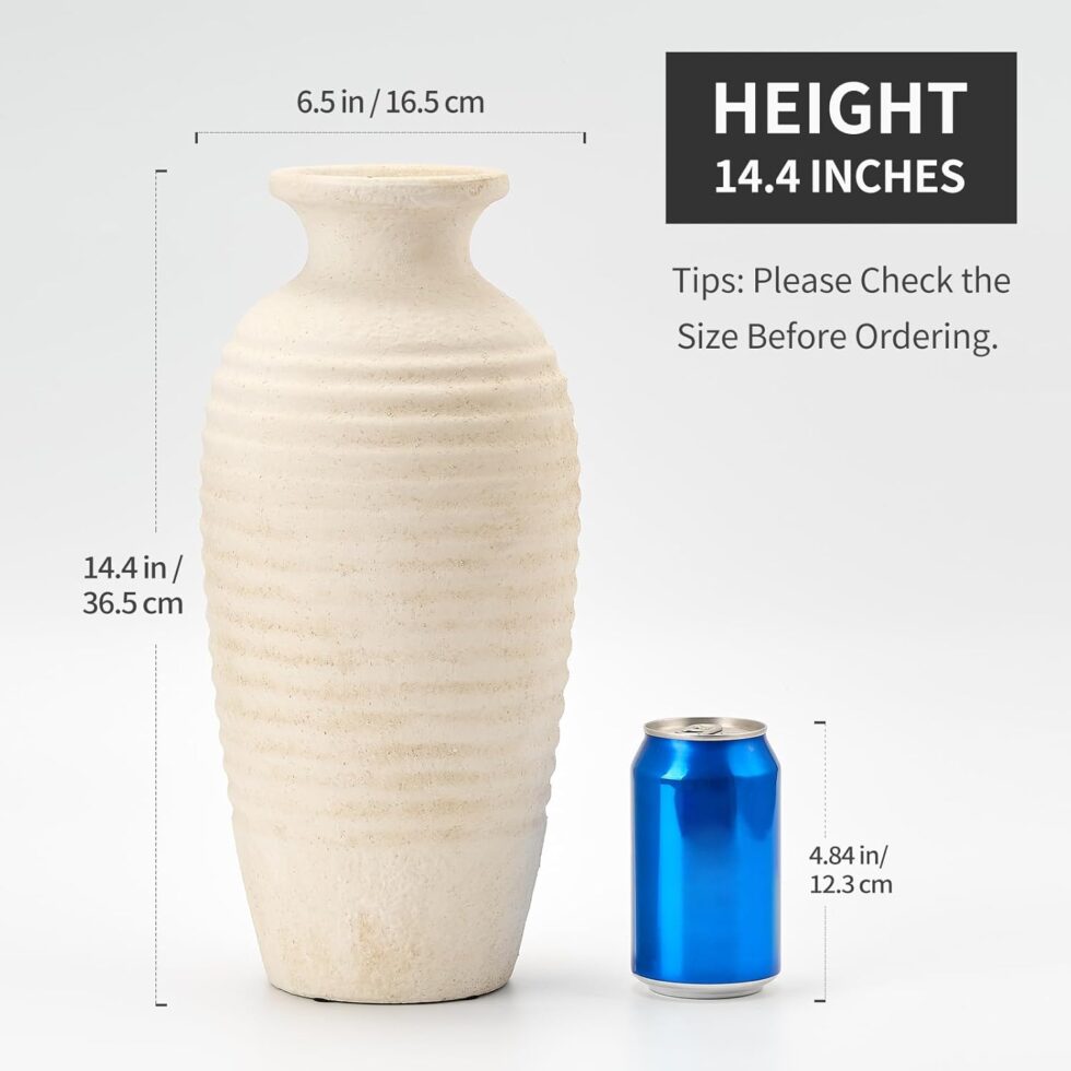 Ceramic Natural Rustic Vase, 14.4 Inch Large Vintage Flower Threaded Decorative Farmhouse Tall Vase for Home Decor, Living Room, Shelf Decor, Wedding, Housewarming Gift, Off-White