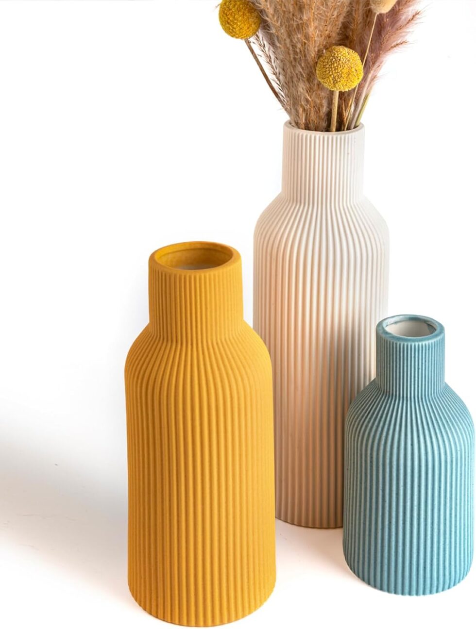Colorful Ceramic Vases Set of 3, Colorful Ribbed Decorative Vases - Table Centerpieces for Wedding, Living Room, Office & Shelf Decor