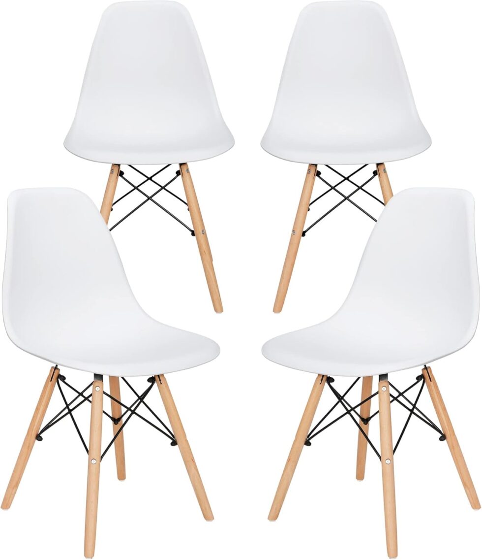 SUPER DEAL Modern Dining Chairs Set of 4 Plastic DSW Shell Lounge Chair Mid Century Side Chairs with Solid Wood Legs for Living Room, Kitchen, Dinning Room, Bedroom, White