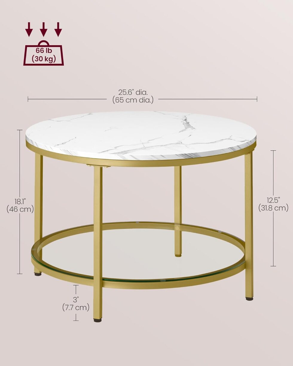 VASAGLE Round Coffee Table, 2-Tier Small Coffee Table with Faux Marble Top and Glass Shelf, Modern Style, for Living Room, 25.6 x 25.6 x 18.1 Inches, Marble White and Pale Gold ULCT072W59
