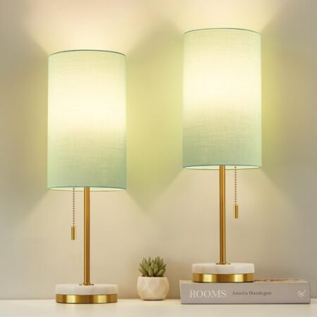 Luvkczc Minimalist Desk Lamp Set of 2, Nightstand Table Lamp for Bedroom Living Room, Modern Pull Chain Bedside Lamp with Marble Base, Fabric Shade, Small Lamp for Home, Office, Reading,Green