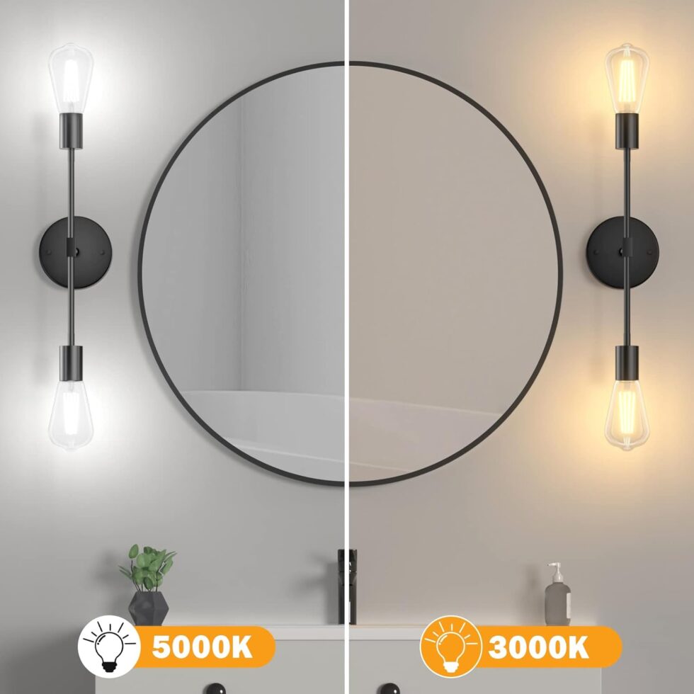 FadimiKoo 2-Light Black Bathroom Lighting Over Mirror, Modern Sconces Wall Light Fixtures, Indoor Semi Flush Mount Ceiling Light for Hallway Bedroom Kitchen (1 Pack)