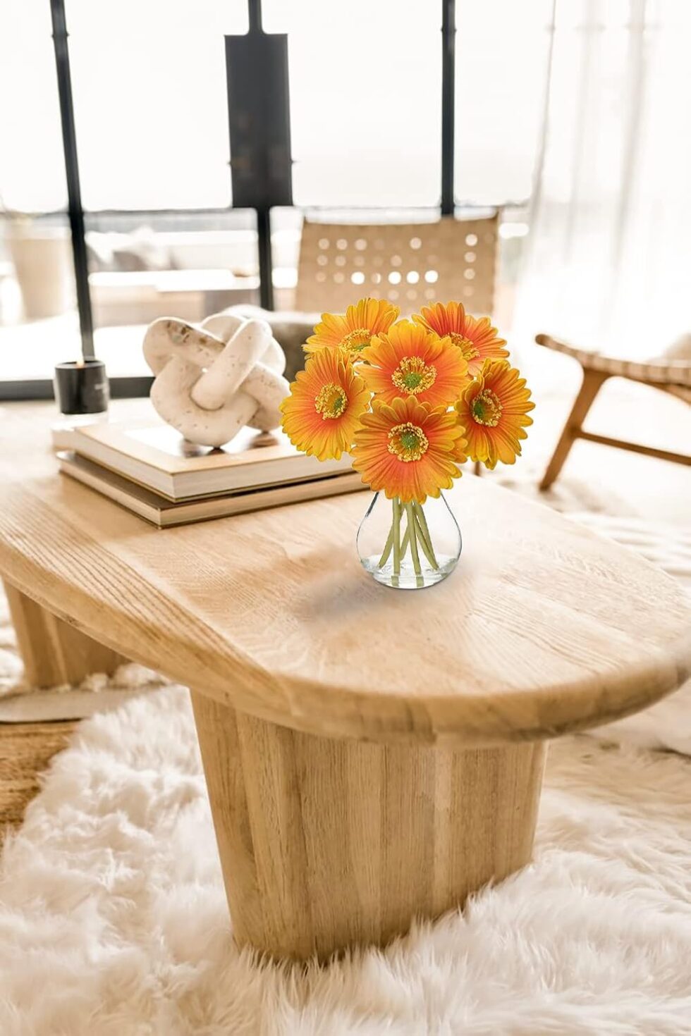 Briful Gerbera Daisy Artificial Flowers, Fake Flowers in Glass Vase with Faux Water,Real Touch Silk Flowers with Stem for Home Bookshelf Tabletop Bathroom Decorations,Orange