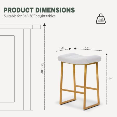 White & Gold Counter Height Bar Stools Set of 2 for Kitchen Counter Modern Backless Barstools with Upholstered Faux Leather Seat and Metal Frame Industrial 24 inch Bar Chairs