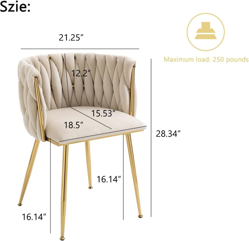 Nrizc Velvet Dining Chairs Set of 2, Woven Upholstered Dining Chairs with Gold Metal Legs, Modern Accent Chairs for Living Room, Dining Room, Kitchen
