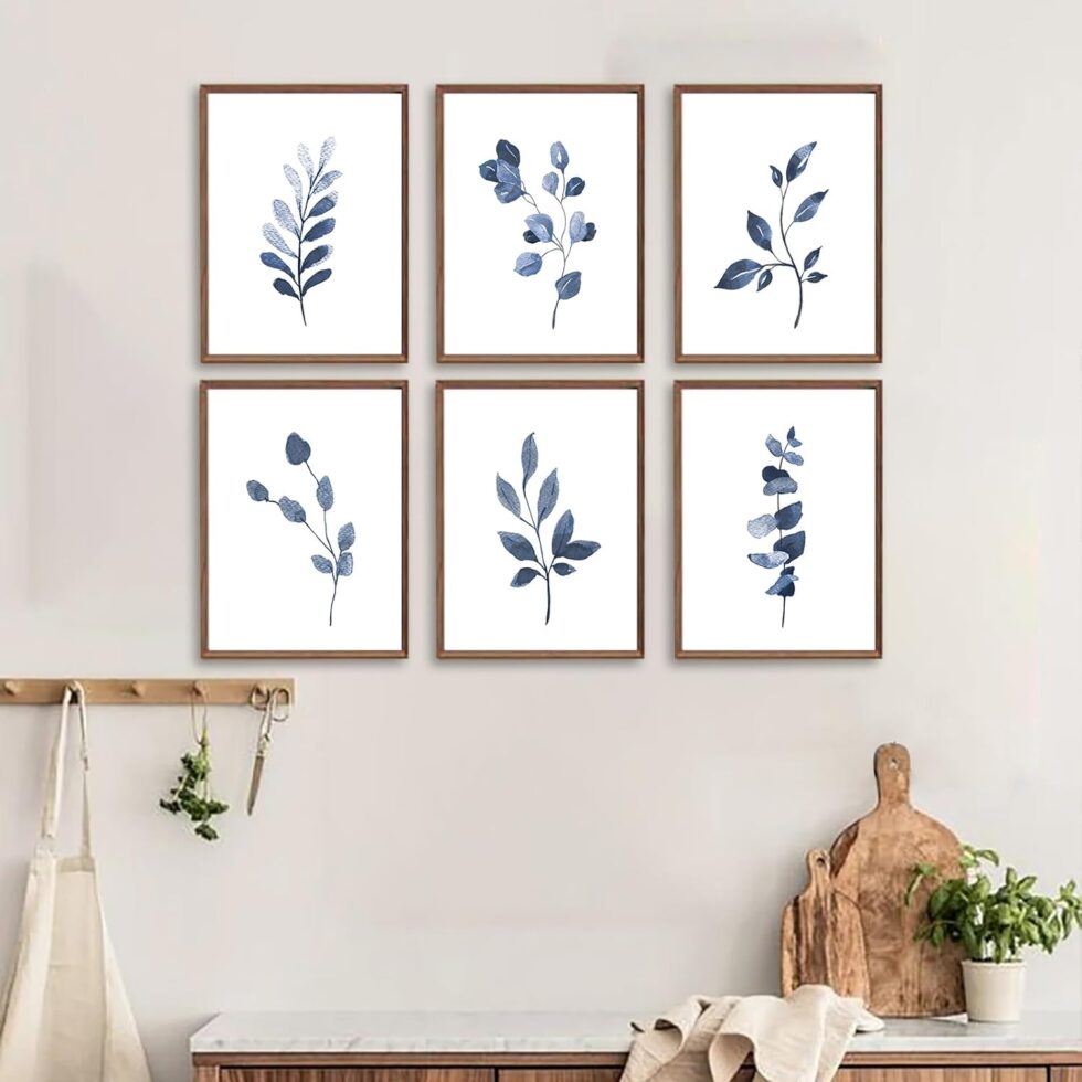 Navy Blue Botanical Art Set of 6, Minimalist Abstract Prints Watercolor Blue White Leaf Plant Wall Decor Canvas Painting, Boho Floral Wall Decor for Bedroom, Living