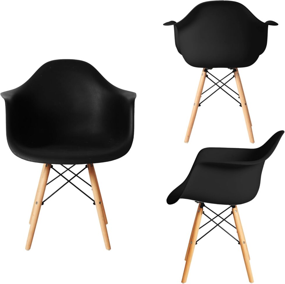 CangLong Natural Wood Legs Mid Century Modern Molded Shell Lounge Plastic Arm Dining-Chairs, Set of 1, Black