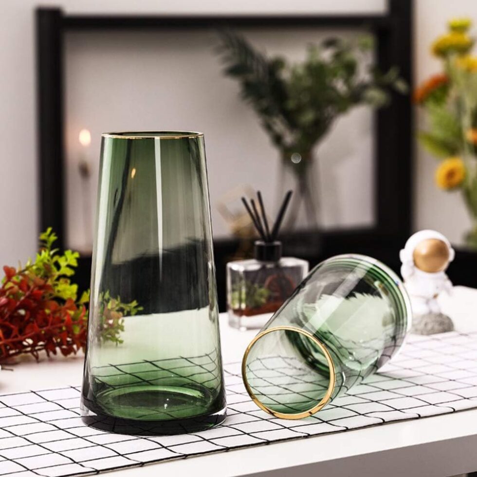 Green Glass Flower Vase with Gold Mouth for Centerpieces Home Wedding Decoration (1, Small)