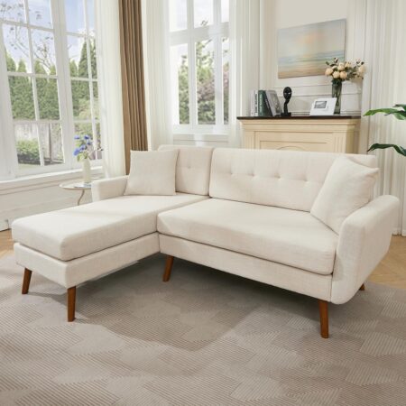 Tbfit L Shaped Couch Sofa, 80" W Mid-Century Modern Sectional Couches, 3 Seater Sofas with Wide Chaise Lounge & Two Pillows,Button Tufted Upholstered Sectional Sofa for Living Room, Bedroom, Beige