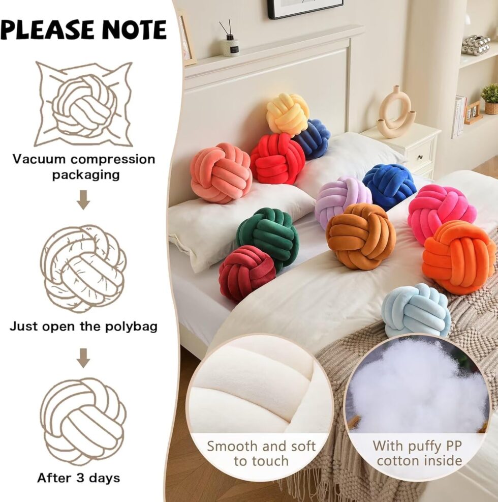 Decorative Throw Knot Pillow Ball for Home Chair Sofa Aesthetic Round Velvet Knotted Pillow Cushion (White, 8 inches)
