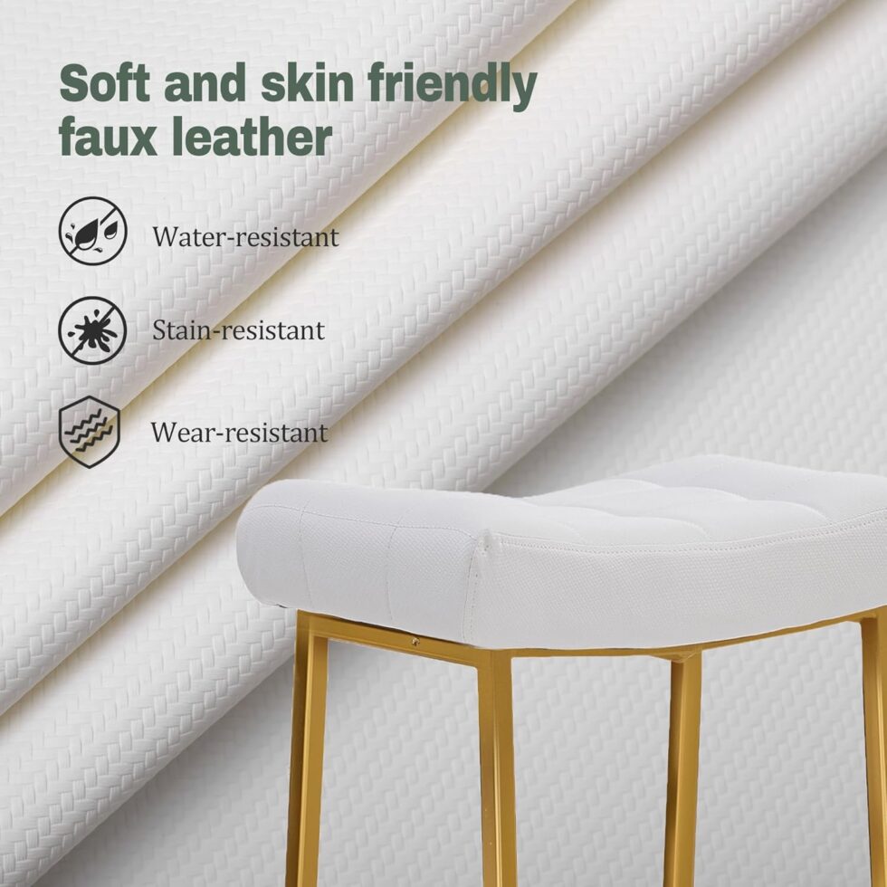 White & Gold Counter Height Bar Stools Set of 2 for Kitchen Counter Modern Backless Barstools with Upholstered Faux Leather Seat and Metal Frame Industrial 24 inch Bar Chairs