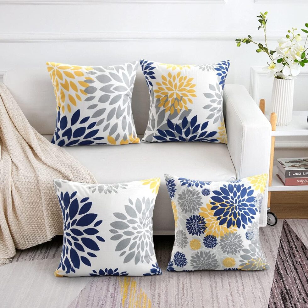 18x18 Throw Pillow Cover Blue and Yellow Decorative Velvet Pillow Cover Set of 4 Grey Flower Pillowcase for Bedroom Sofa Cushion
