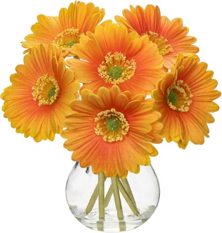 Briful Gerbera Daisy Artificial Flowers, Fake Flowers in Glass Vase with Faux Water,Real Touch Silk Flowers with Stem for Home Bookshelf Tabletop Bathroom Decorations,Orange
