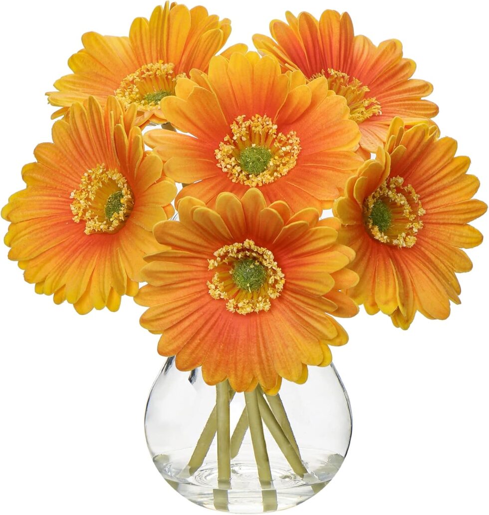Briful Gerbera Daisy Artificial Flowers, Fake Flowers in Glass Vase with Faux Water,Real Touch Silk Flowers with Stem for Home Bookshelf Tabletop Bathroom Decorations,Orange
