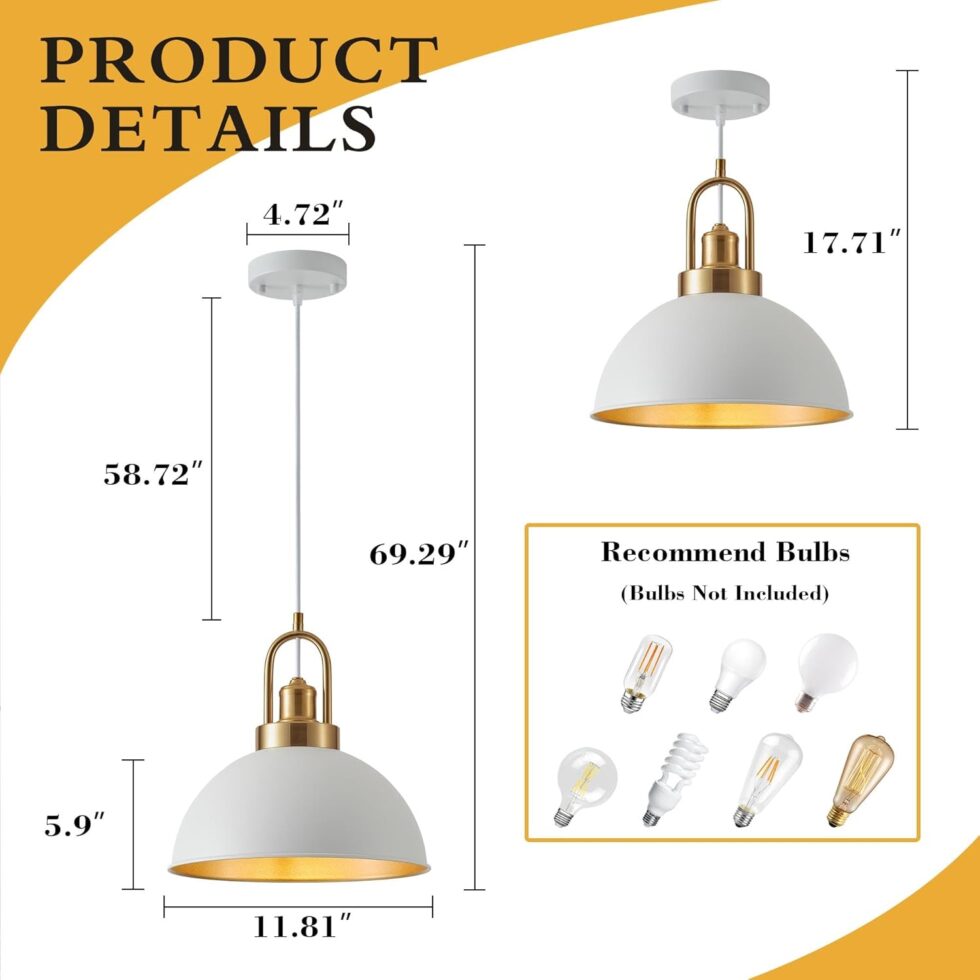 Farmhouse 11.81" White Pendant Light with Gold Finish, Industrial Metal Hanging Lighting Fixtures, Adjustable Height Dining Room Chandelier for Kitchen Island Hallway and Foyer 2 Pack