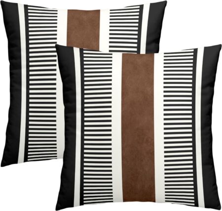 Kawani Boho Decorative Throw Pillow Covers 18x18 Inch Black White Brown Stripe Pillow Covers Set of 2 Farmhouse Rustic Decorative Pillows Modern Geometric Pillow Cases for Couch Decor