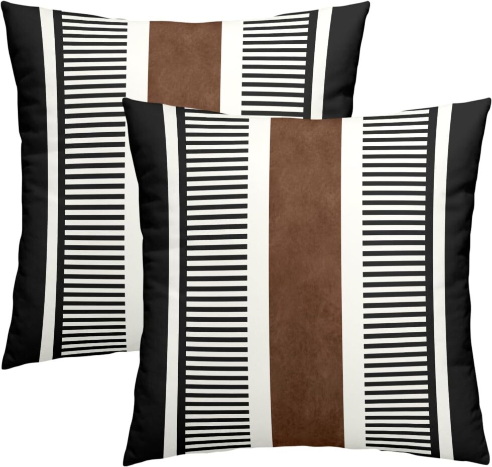 Kawani Boho Decorative Throw Pillow Covers 18x18 Inch Black White Brown Stripe Pillow Covers Set of 2 Farmhouse Rustic Decorative Pillows Modern Geometric Pillow Cases for Couch Decor