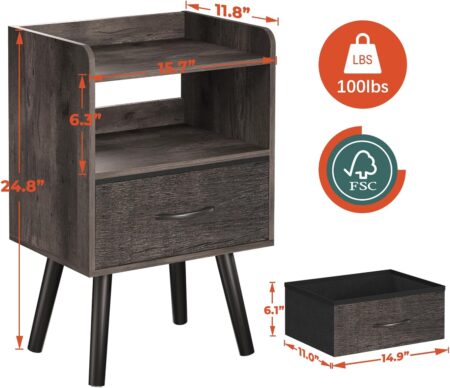 Yoobure Night Stand with Fabric Drawer, Modern Nightstand, Bedside Tables, Mid Century Nightstands with Open Storage Shelf, Wood Bedside Table, Small Night Stands for Bedrooms, 2-Tier Night Table