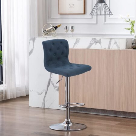 Brage Living Tufted Fabric Bar Stool, Adjustable Swivel Counter Height Barstool with Back, Upholstered Armless Airlift Bar Chair for Kitchen Dining Cafe, 1 pc (Blue)