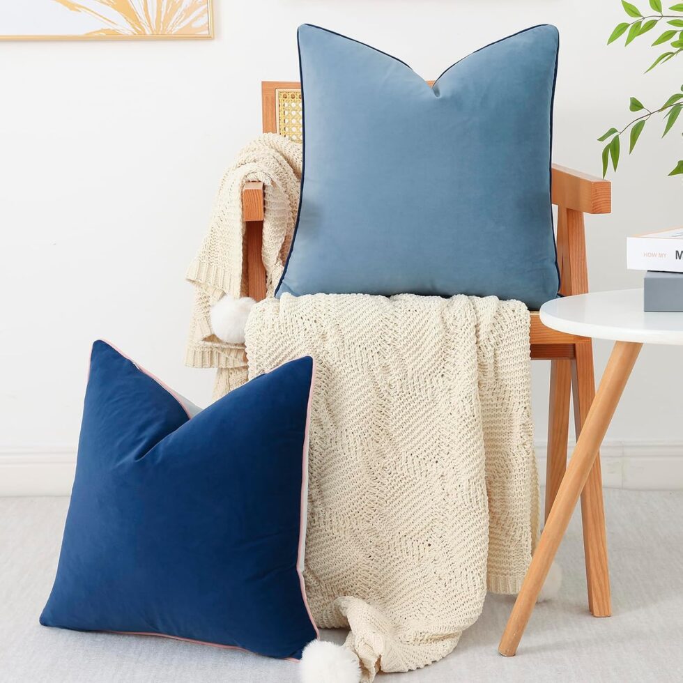 Mecatny Soft Velvet Throw Pillow Covers 18x18 inch Set of 4, Accent Colorful Decorative Pillow Covers with 4-Color Mix and Match for Bedroom Living Room, Blue & Pink
