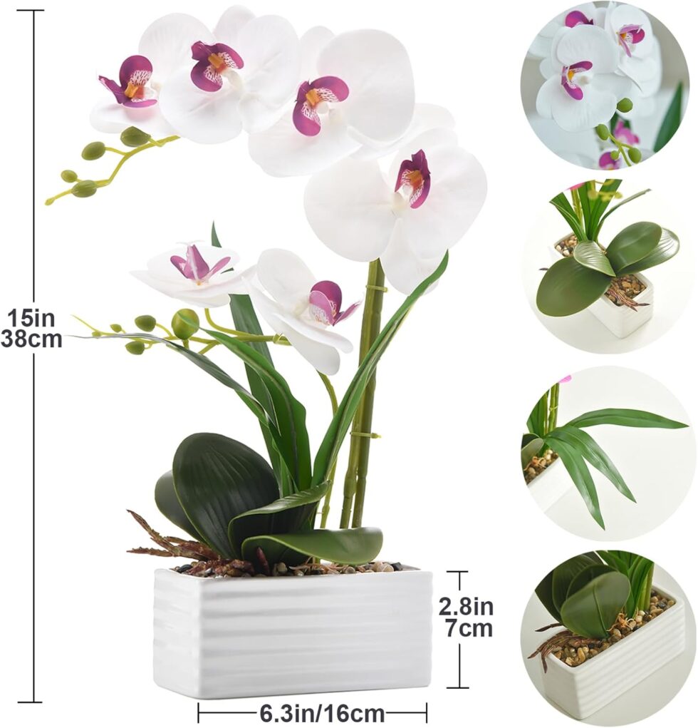 Artificial Real Touch Orchid Flowers in Pot Fake Phalaenopsis Flower with White Ceramic Vase Faux Orchids Arrangement for Home Table Office Wedding Party Decoration (White)