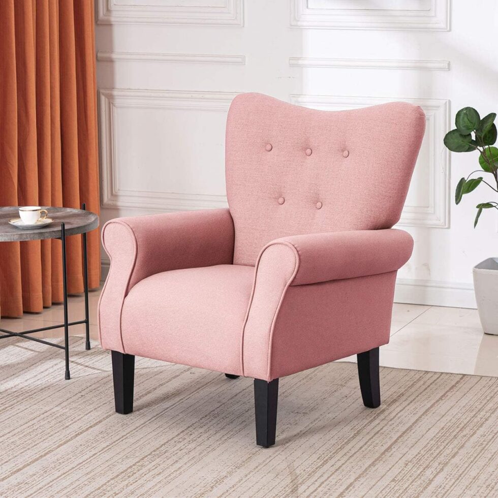 YOLENY Modern Accent Chair,High Back Armchair,Upholstered Fabric Button Single Sofa with Wooden Legs for Living Room,Bedroom,Club,Light Pink