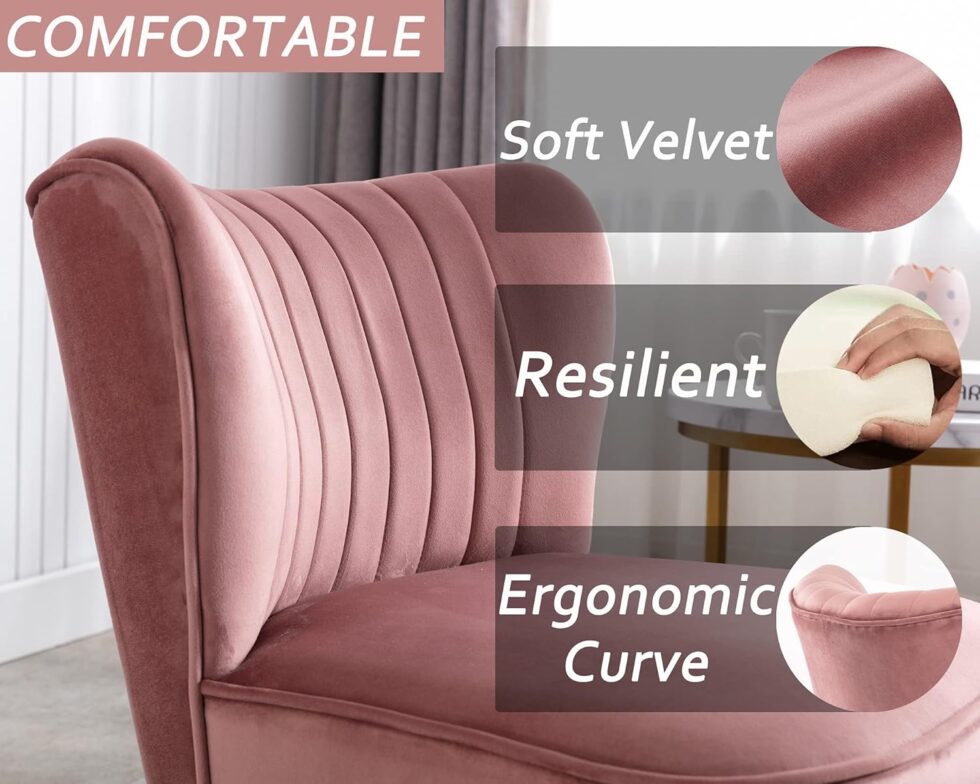Velvet Accent Chairs Set of 2 Comfy Living Room Chair Armless Slipper Chair Mid Century Side Single Sofa Chair with Golden Legs Wingback for Bedroom Guest Room, Pink