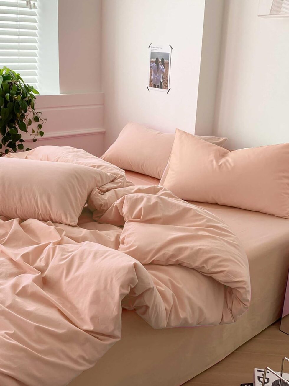 Nanko Peach Coral Queen Size Comforter Set, Soft Microfiber Down Alternative Duvet Insert, Modern Farmhouse Neutral Spring Decor Bedding Sets Bed in a Bag for Women Men Teen Girls, 90 x 90 inch 3pcs