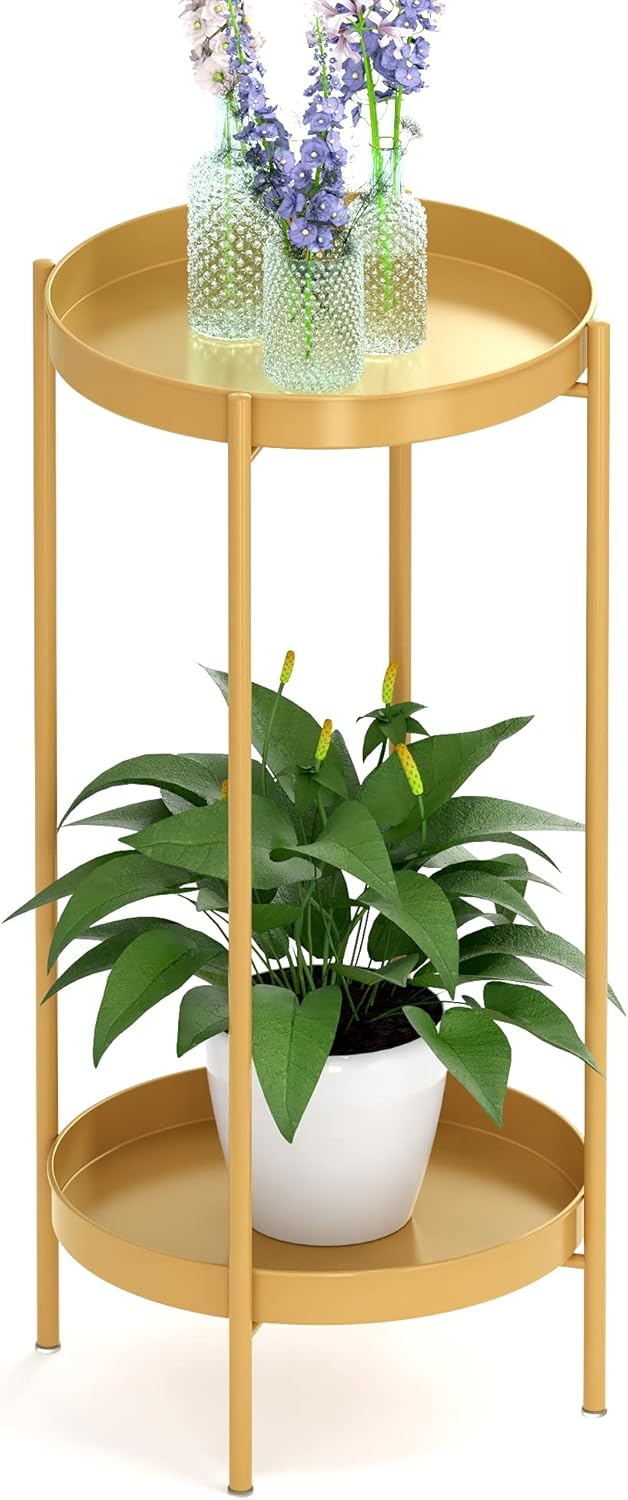 OVICAR Plant Stand Indoor Outdoor - Flower Pot Holder Metal Plant Rack Organizer, 2 Tiers Tall Plant Display Storage Shelf Table For Home Garden Patio Bathroom Office Living Room Balcony Corner (gold)