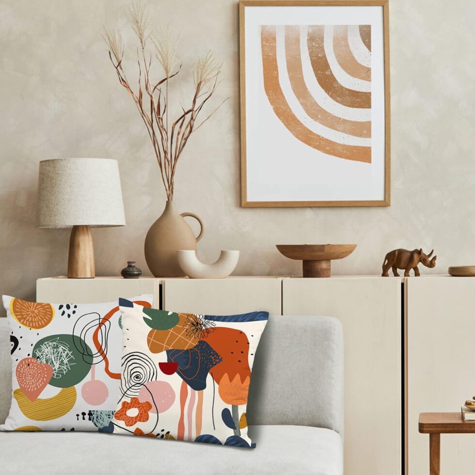 Jartinle Abstract Mid Century Modern Throw Pillow Covers 18x18 Colorful Boho Orange Aesthetic Floral Geometric Pillow Covers for Couch Outdoor Decor Set of 4