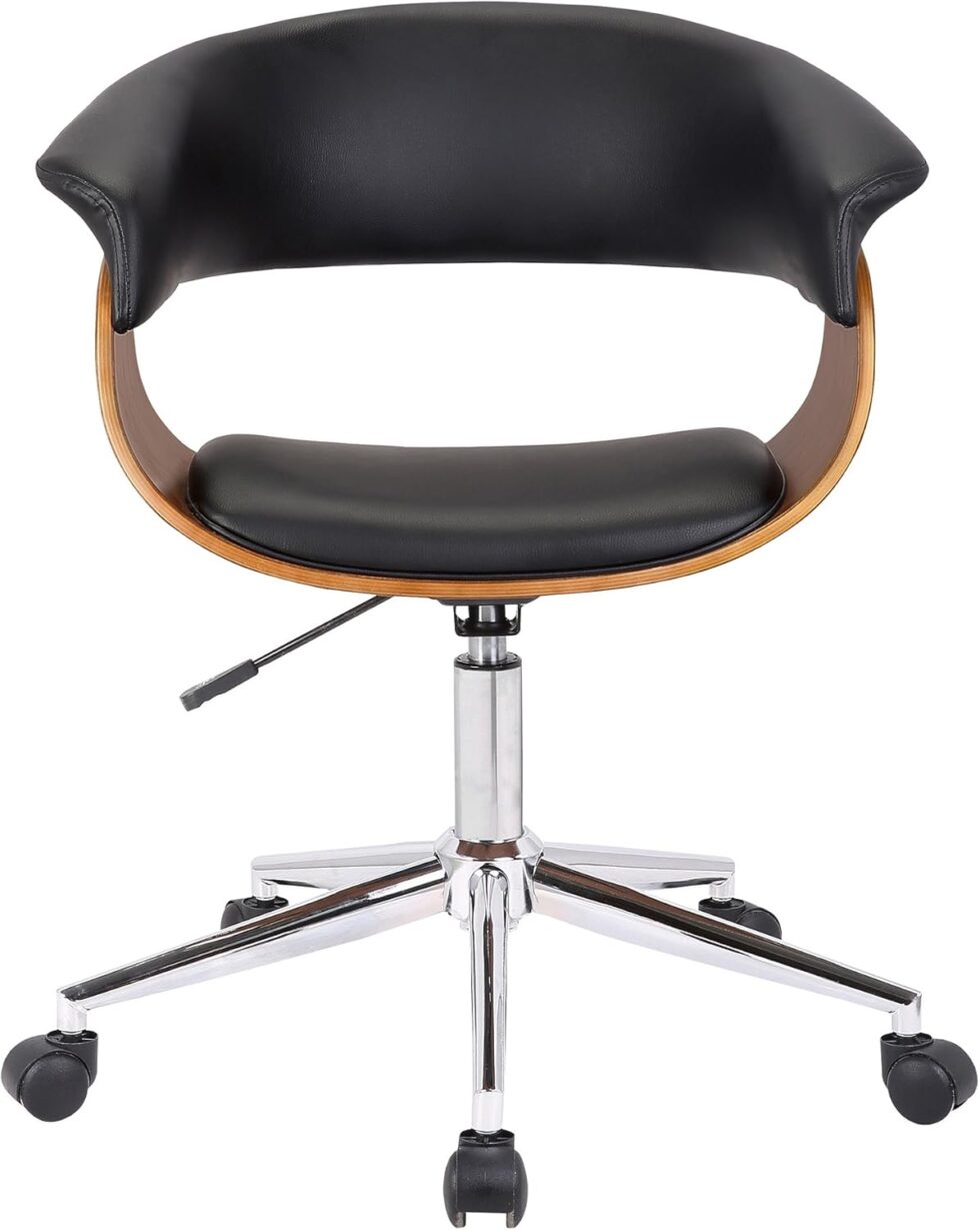 Armen Living Bellevue Mid-Century Office Chair in Chrome Finish with Black Faux Leather and Walnut Veneer