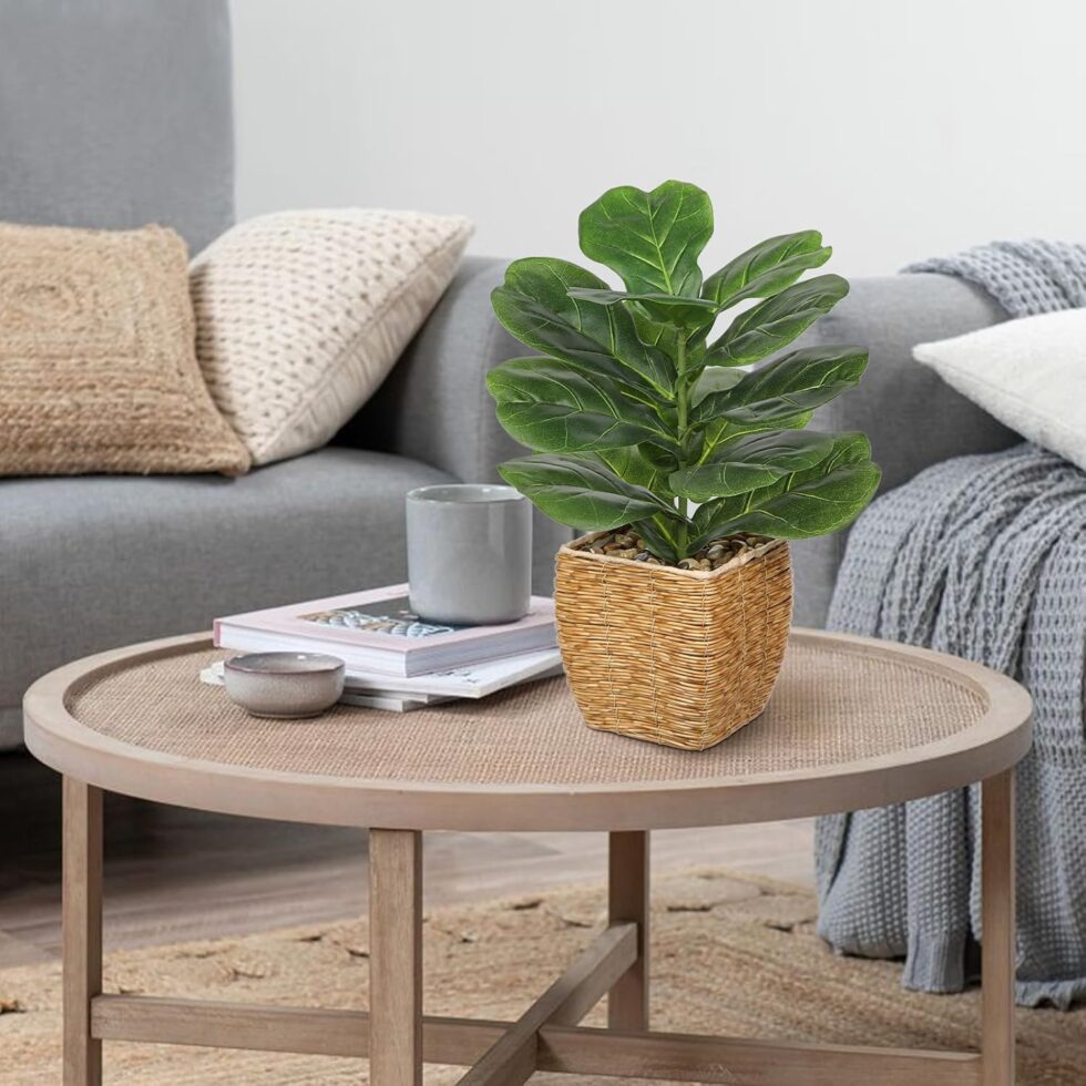 Briful Fake Plants Potted Fiddle Leaf Fig Artificial Plants Indoor Realistic Greenery Faux Plants in Square Plastic Rattan Baskets for Home Decor Farmhouse Office Weddings