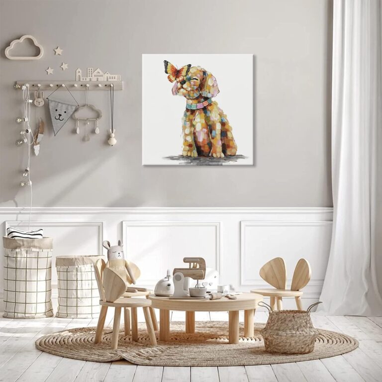 SEVEN WALL ARTS Dog Canvas Wall Art Colorful Animal Picture Pet Puppy Butterfly Alighted on Dog Paintings Modern Framed Artwork for Bedroom Nursery Kids Room Office Home Decor 24"x24"