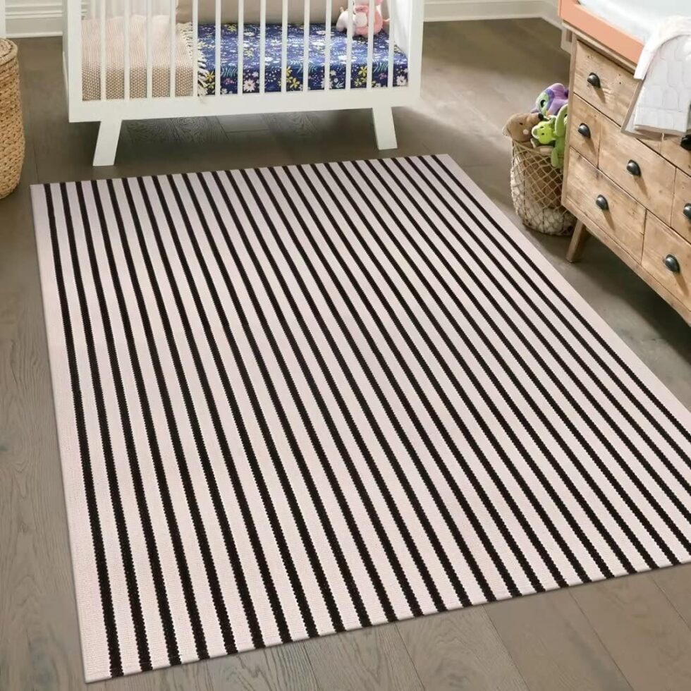 LEEVAN Washable Area Rug - 5'x8' Living Room & Bedroom Rug - Black & White Striped for Kitchen, Dining Room, Playroom, Mudroom, Entryway