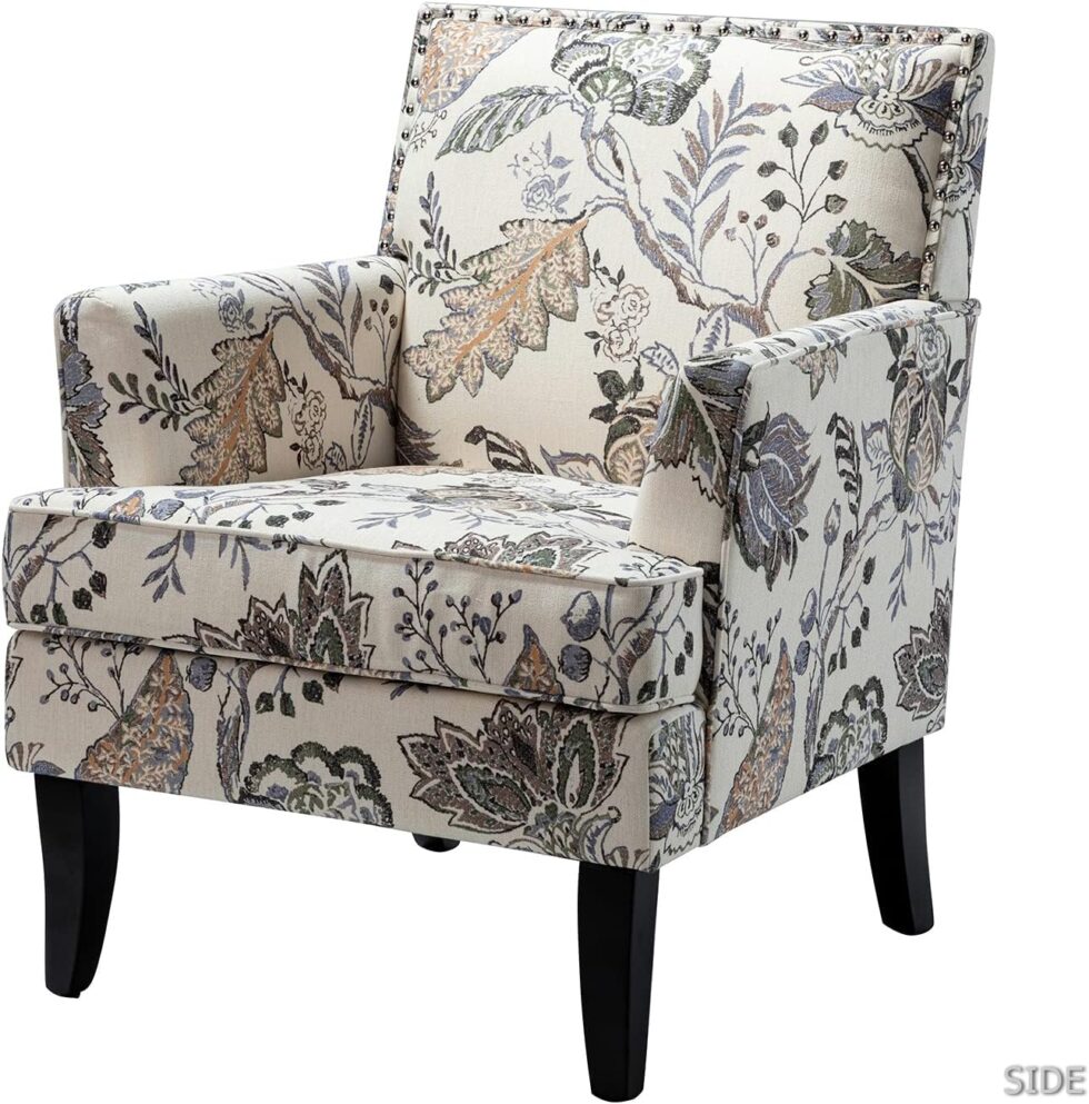 HULALA Home Modern Accent Chair with Arms and Wooden Legs, Floral Patterned Accent Chair Armchair High Back Rest, Padded Armrest and Comfortable Cushioned Seat for Living Room (Orange Grey Floral)