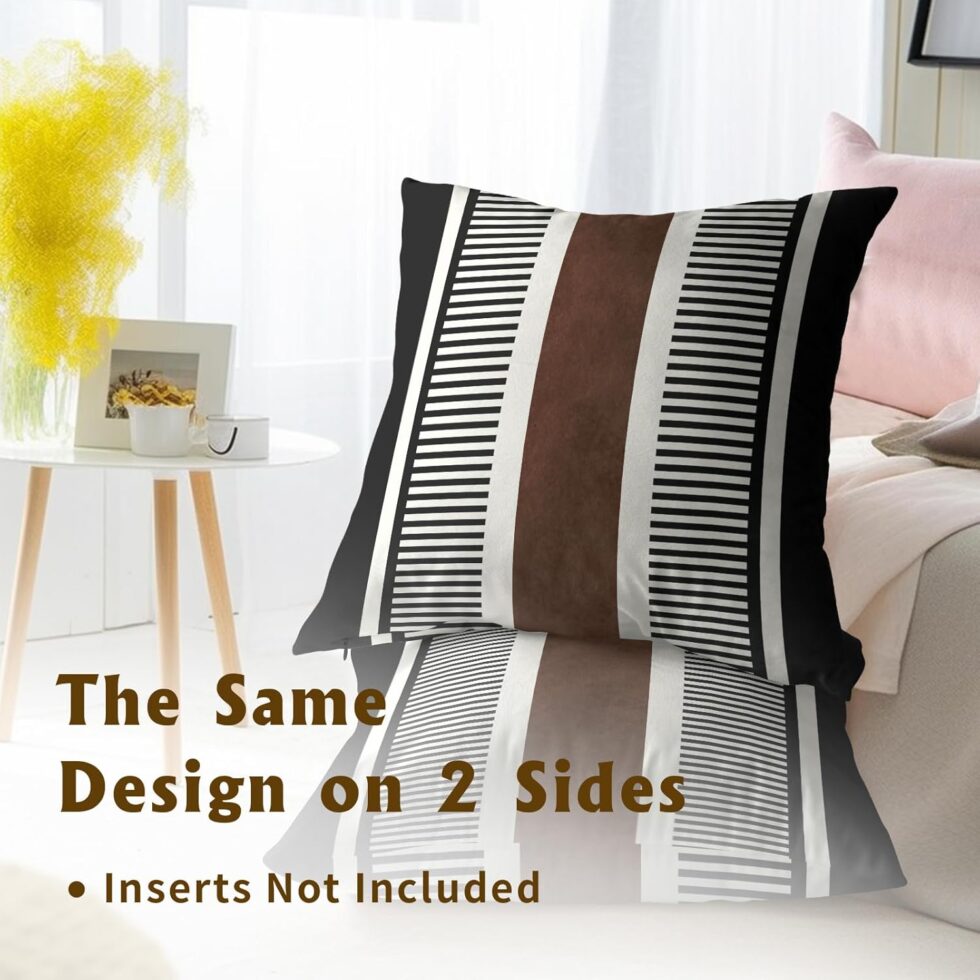 Kawani Boho Decorative Throw Pillow Covers 18x18 Inch Black White Brown Stripe Pillow Covers Set of 2 Farmhouse Rustic Decorative Pillows Modern Geometric Pillow Cases for Couch Decor