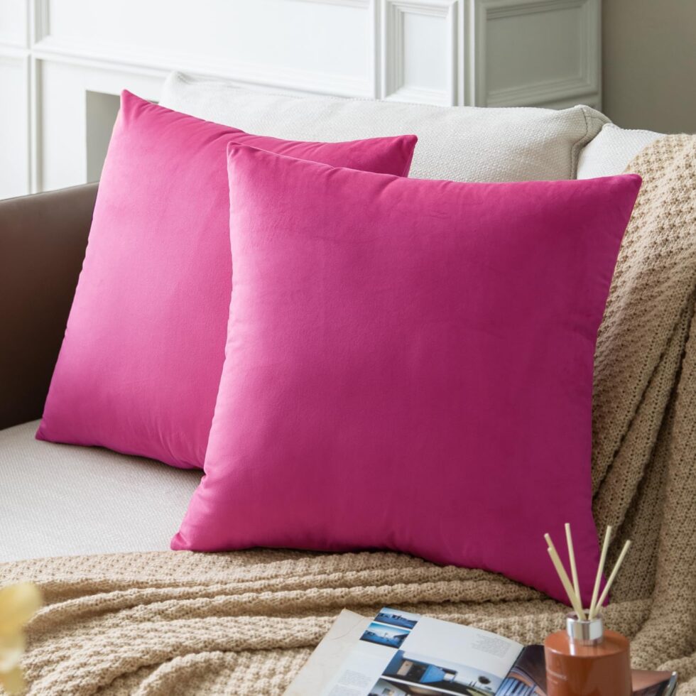 Set of 2 Hot Pink Colored Solid Velvet Throw Pillow Covers, Cozy Soft Accent Pillow Cases for Sofa Couch Bed and Living Room - 18"x18"
