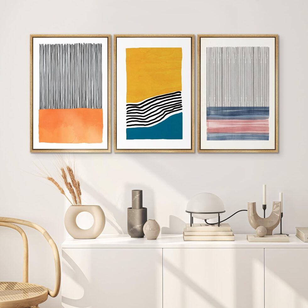 SIGNWIN Framed Wall Art Print Set Orange, Yellow, Blue & Pink Color Blocks and Lines Abstract Shapes Illustrations Modern Art Chic Relax/Calm Multicolor for Living Room, Bedroom, Office - 16"x24"x3