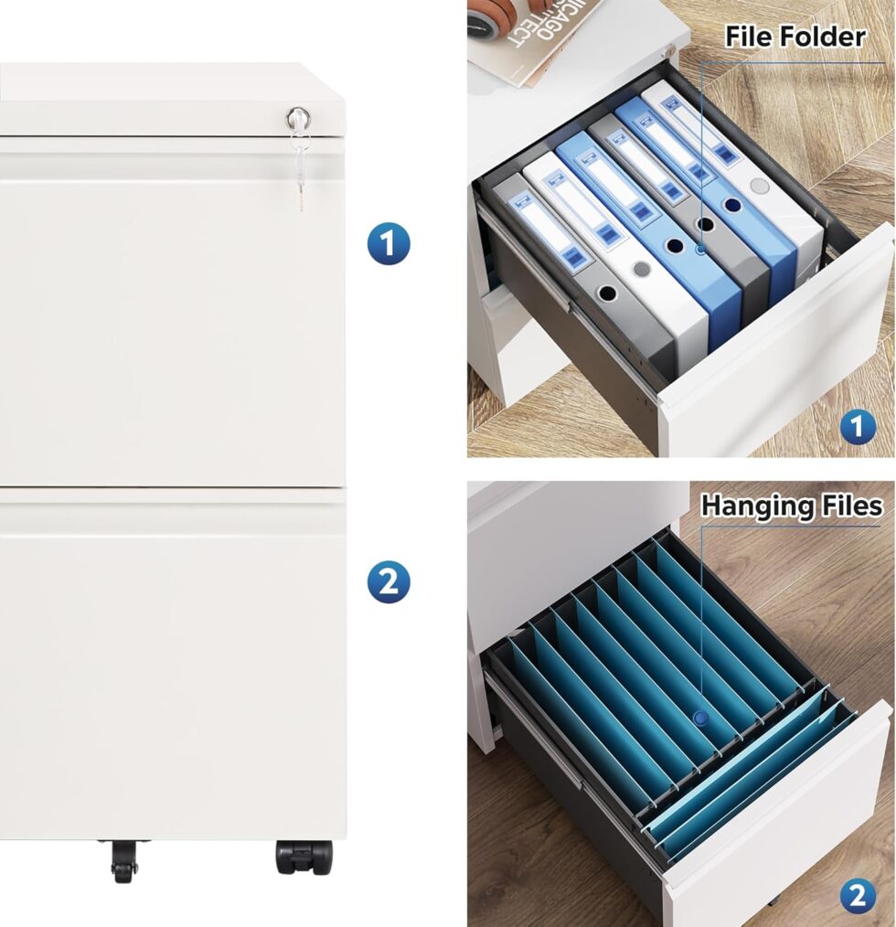 DEVAISE 2 Drawer Mobile File Cabinet with Lock, Commercial Vertical Cabinet, White