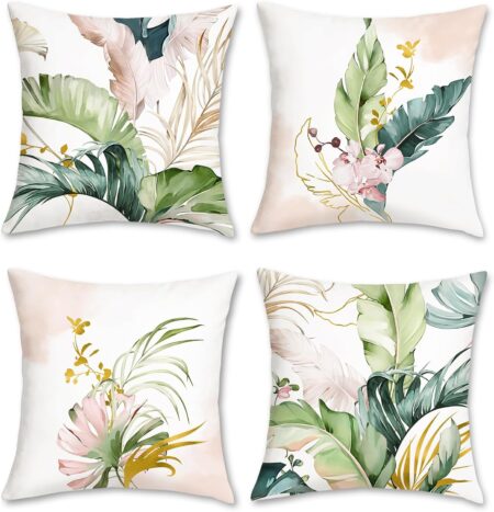 Bonhause Tropical Leaves Throw Pillow Covers 18x18 Set of 4 Green and Pink Palm Leaf Decorative Pillows Case Soft Velvet Cushion Covers for Outdoor Couch Sofa Patio Decor