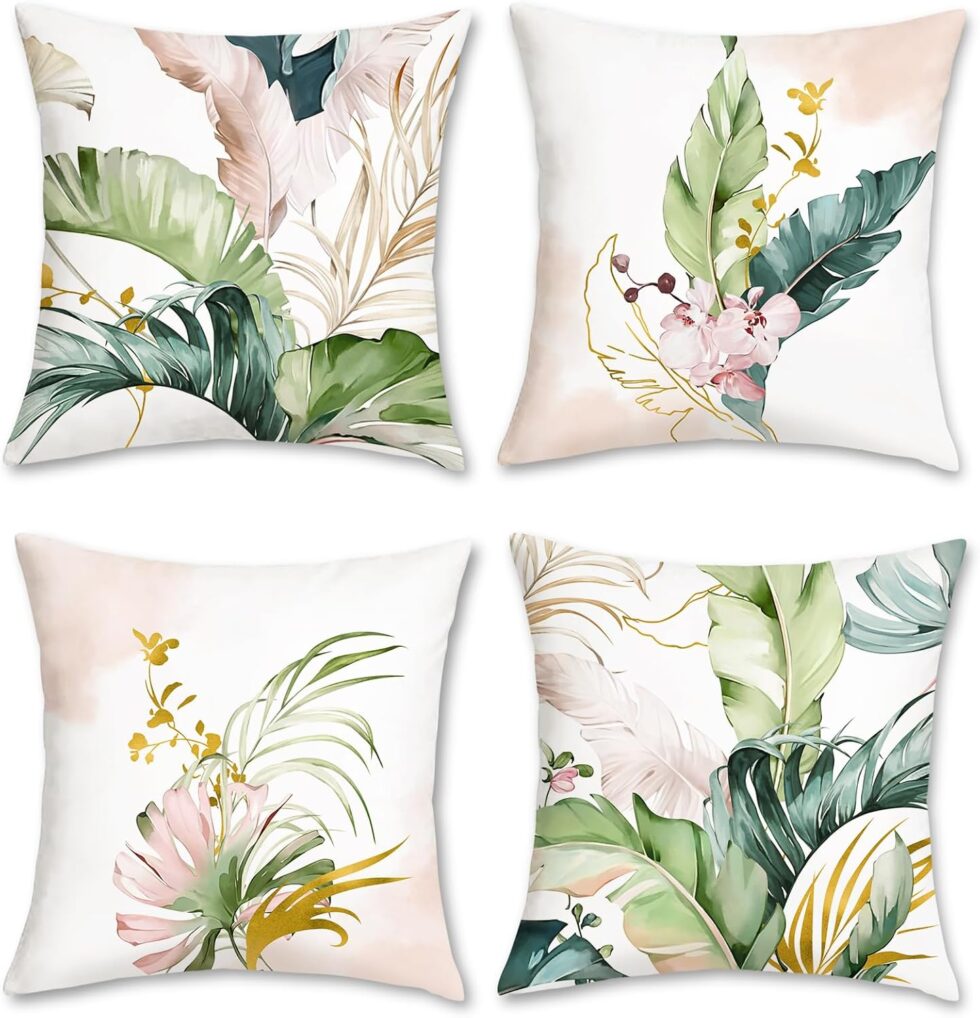 Bonhause Tropical Leaves Throw Pillow Covers 18x18 Set of 4 Green and Pink Palm Leaf Decorative Pillows Case Soft Velvet Cushion Covers for Outdoor Couch Sofa Patio Decor