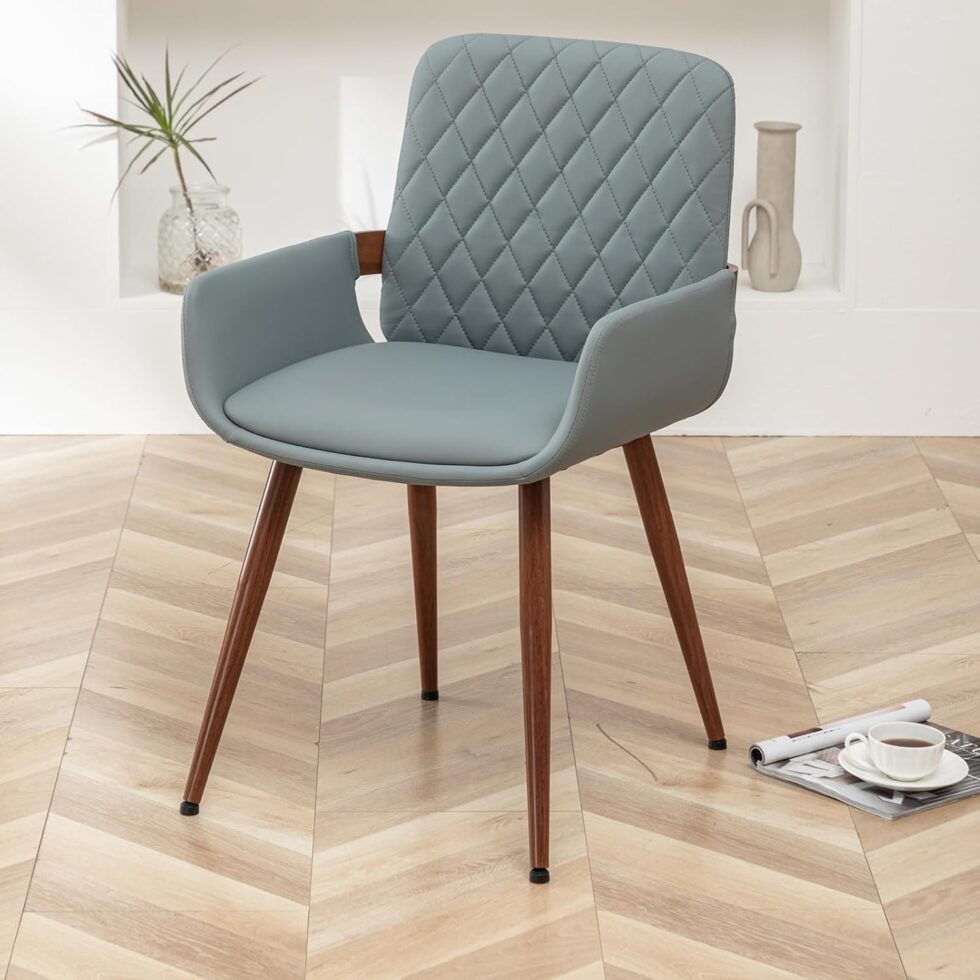 LUNLING Mid Century Modern Dining Room Chairs Set of 2 Accent Faux Leather Chair Bentwood Frame with Armrest,Upholstered Seat,Metal Legs Chair,Adjustable Foot for Kitchen Room Desk Chairs(Blue)