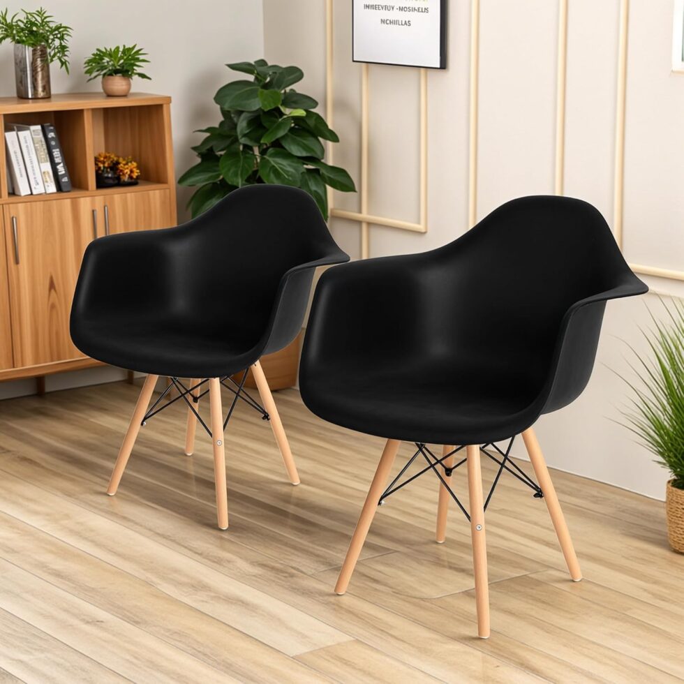 CangLong Natural Wood Legs Mid Century Modern Molded Shell Lounge Plastic Arm Dining-Chairs, Set of 1, Black