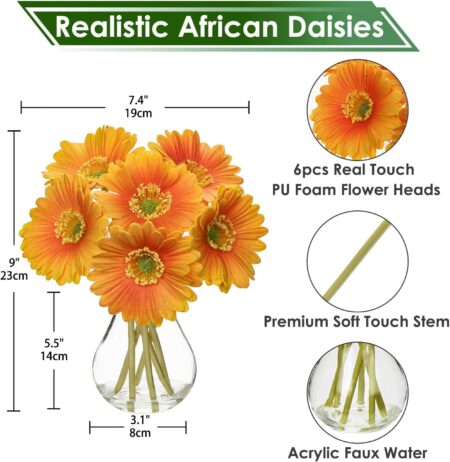 Briful Gerbera Daisy Artificial Flowers, Fake Flowers in Glass Vase with Faux Water,Real Touch Silk Flowers with Stem for Home Bookshelf Tabletop Bathroom Decorations,Orange