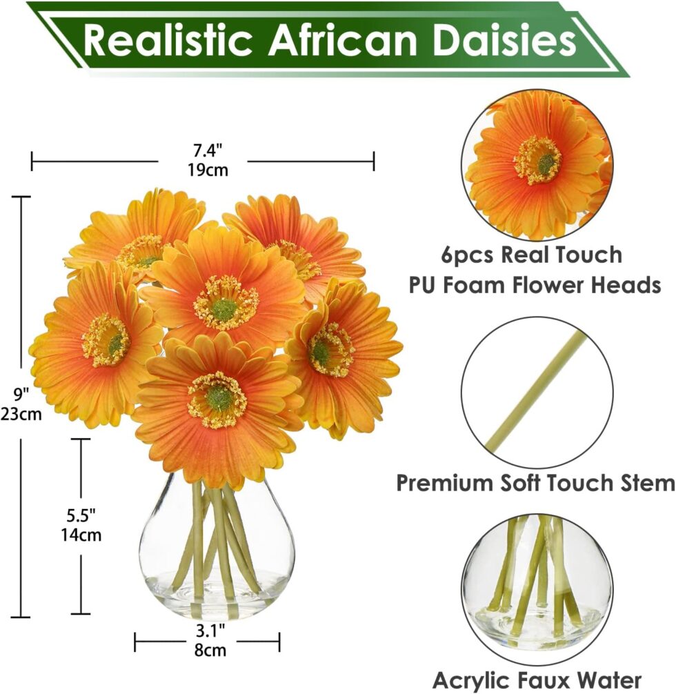 Briful Gerbera Daisy Artificial Flowers, Fake Flowers in Glass Vase with Faux Water,Real Touch Silk Flowers with Stem for Home Bookshelf Tabletop Bathroom Decorations,Orange
