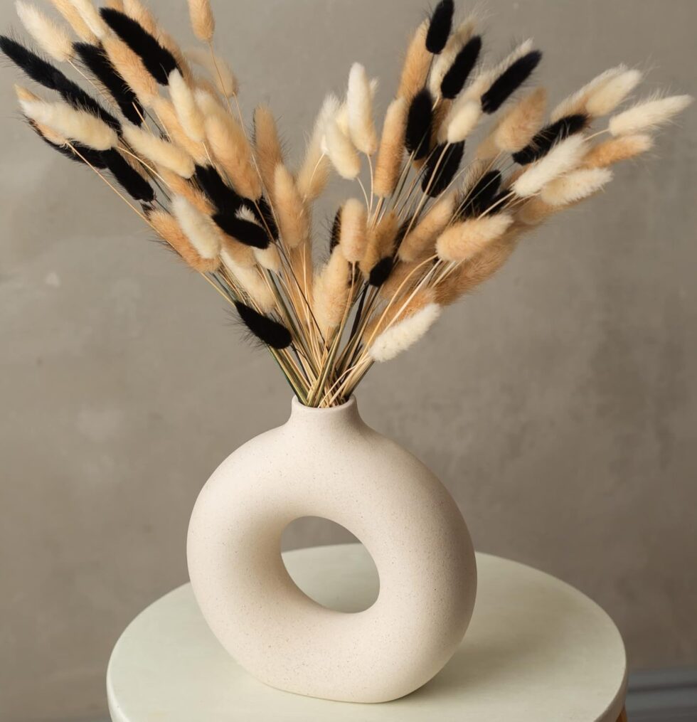 White Ceramic Donut Vase for Pampas Grass Dried Flowers, Bedroom Decor Aesthetic, Modern Boho Circle Round Vase, Neutral Home Decor, 7.5" Tall