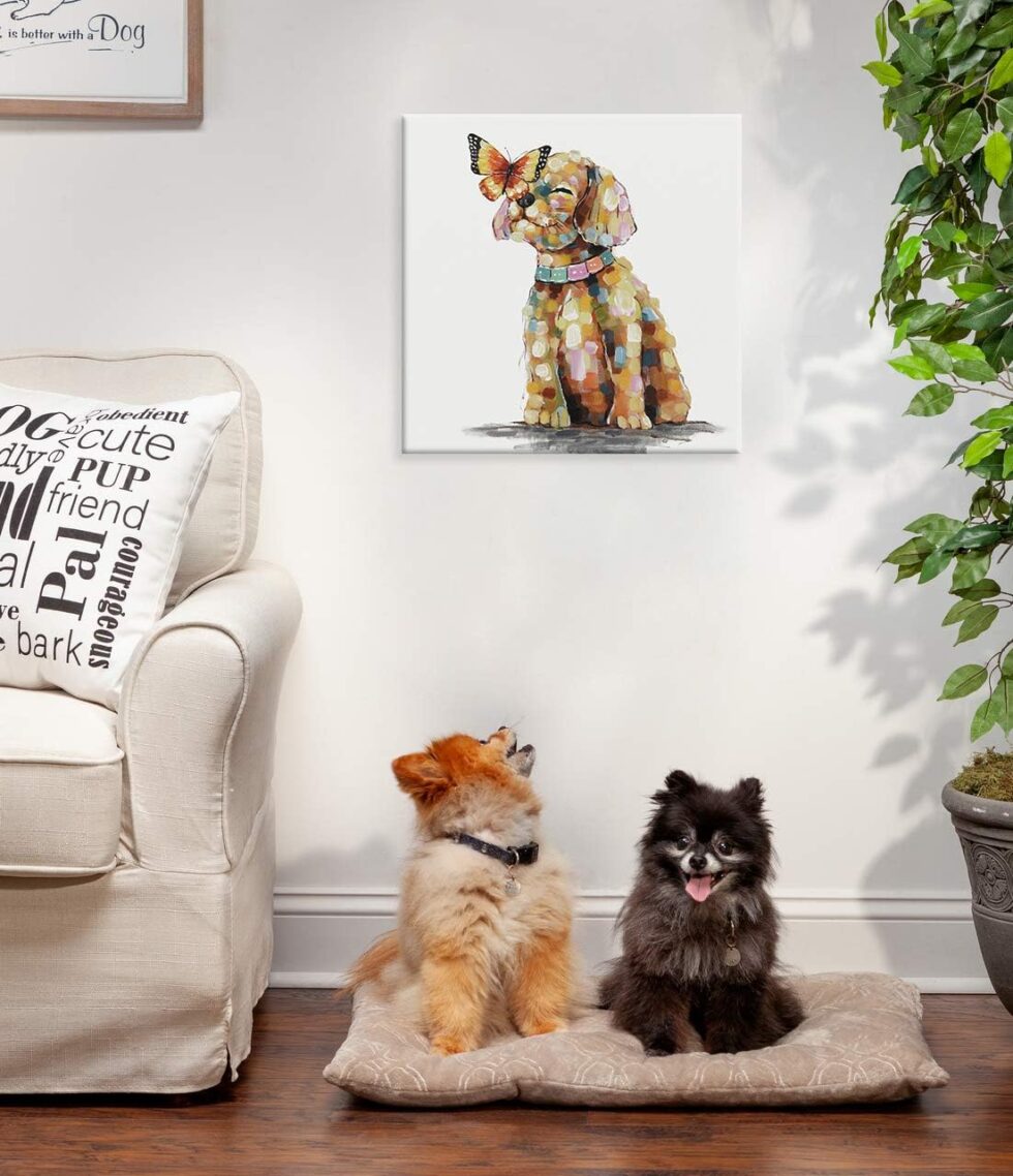 SEVEN WALL ARTS Dog Canvas Wall Art Colorful Animal Picture Pet Puppy Butterfly Alighted on Dog Paintings Modern Framed Artwork for Bedroom Nursery Kids Room Office Home Decor 24"x24"