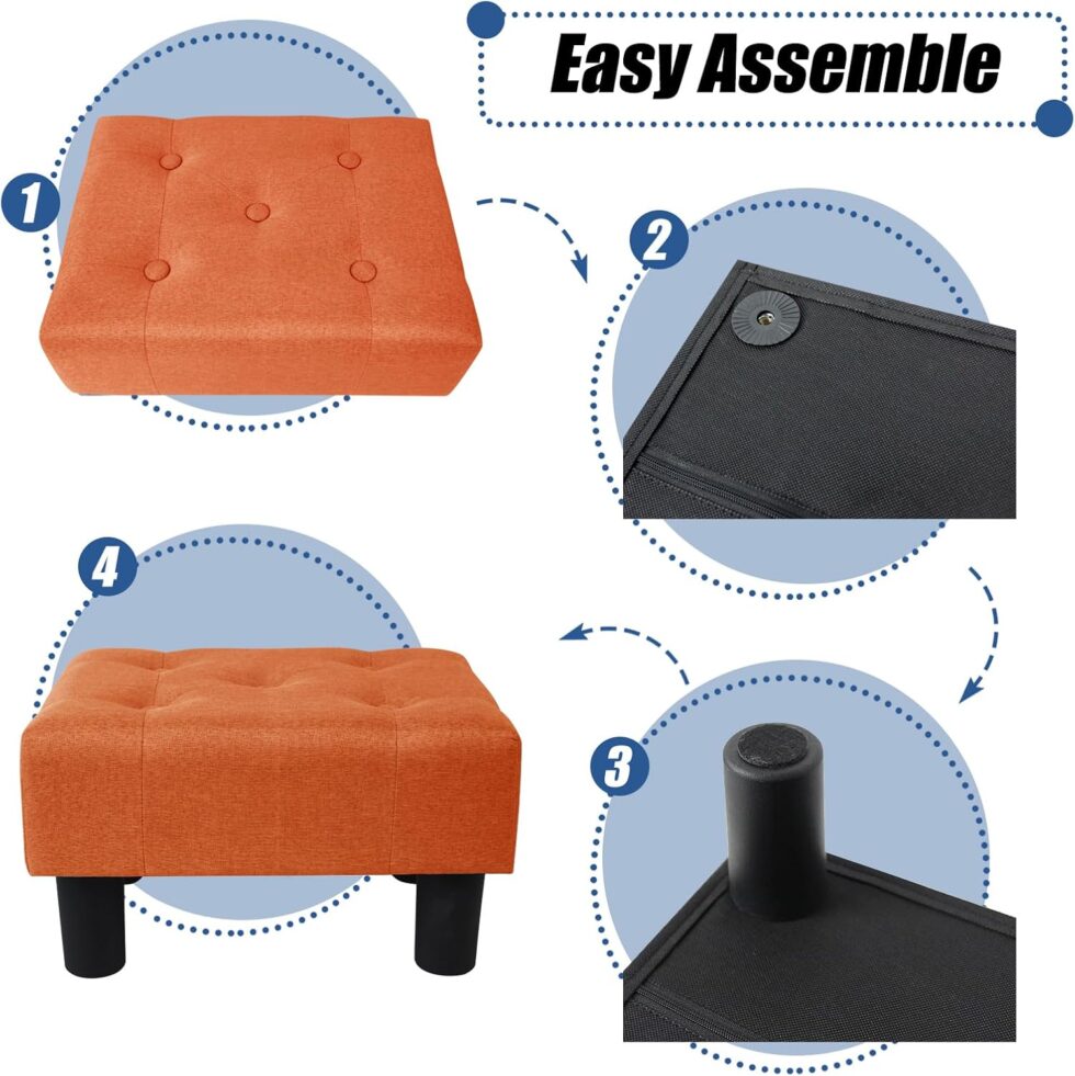 BRIAN & DANY Small Foot Stool, Linen Foot Stools with Legs, Stable Small Footstool for Living Room, Orange